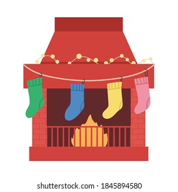 Cute colored chimney with stockings and garland. Christmas illustration of fireplace with socks with presents. Winter holidays celebration icon. Funny New Year print.
