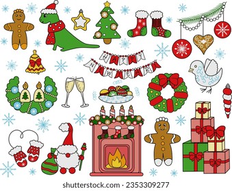 Cute colored Christmas doodles, Christmas decorations, dragon, dinosaur, fireplace, snowflakes and more, vector image, EPS 10