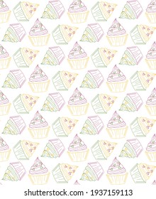 Cute colored cupcakes, muffins, pastries on a white background, hand-drawn outline seamless pattern.