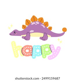 Cute colored dinosaur doodle with text happy. Illustration isolated