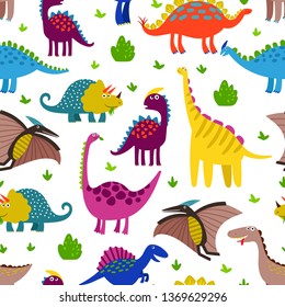 Cute colored dinosaurus seamless pattern vector design. Illustration of seamless background dino, animal dinosaur character