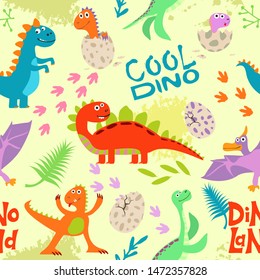 Cute colored dinosaurus seamless pattern vector design. Illustration of seamless background dino, animal dinosaur character. Sketch reptiles. Wrapping paper, textile, background fill.