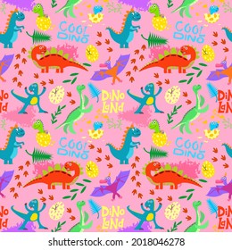 Cute colored dinosaurus seamless pattern vector design. Illustration of seamless background dino, animal dinosaur character. Sketch reptiles. Wrapping paper, textile, baby clothes, background fill.
