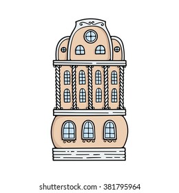 Cute colored doodle house. Elegant sketch. Illustration for children.