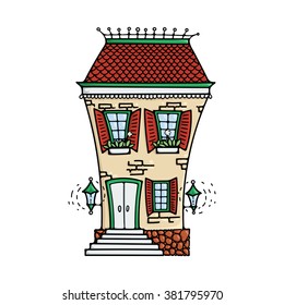 Cute colored doodle house. Elegant sketch. Illustration for children.