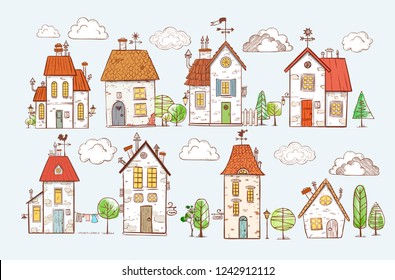 Cute colored doodle houses on white background.