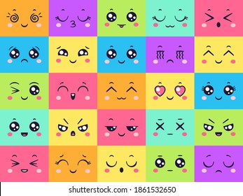 Colección de caras de color, emoción emoticono. Sonrisa divertida y feliz, expresión emoticono, cara cómica, emoji alegre, ilustración vectorial