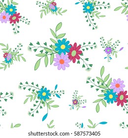 Cute colored flowers and leaves on a white background.Seamless pattern for spring and summer.Floral vector illustration.Suitable for country design for site,cards,Wallpaper,paper.