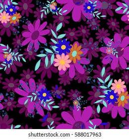 Cute colored flowers and leaves on a black background.Seamless pattern for spring and summer.Floral vector illustration.Suitable for country design for site,cards,Wallpaper,paper.