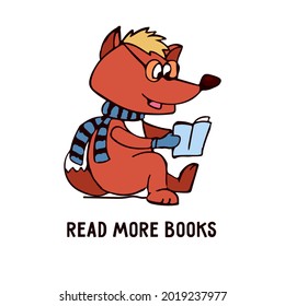 Cute colored fox character with glasses reading a book. Vector doodle style illustration with editable text isolated on white background.