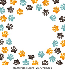 Cute colored frame with cat paw print. Round frame with a dog paw print. Pet trail border. Simple doodle drawing. Vector illustration isolated on white background.