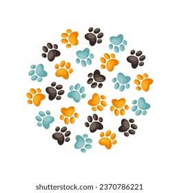 Marco de color lindo con huella de pata de gato. Marco redondo con una huella de pata de perro. Borde del sendero de mascotas. Dibujo simple de garabatos. Ilustración vectorial aislada en fondo blanco.