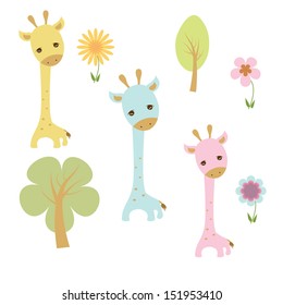 Cute colored giraffes with trees and flowers