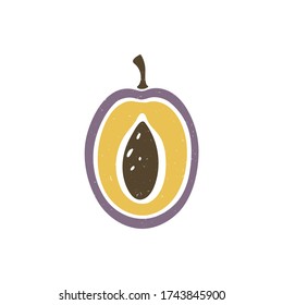 Medio ciruela de color liso aislada sobre fondo transparente. Diseño original del pictograma colorido. Se puede usar para infografía, identidad o decoración. Vector shabby ilustración dibujada a mano