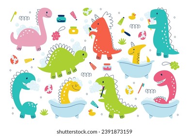 Farbige handgezeichnete Babydinosaurierfiguren, die Waschen, Baden und Putzzähne nehmen. Hübsches kleines Dino-Kind, das sich tagtäglich mit Hygieneverfahren für die Gesundheitsversorgung versorgt, Vektorgrafik