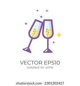 Cute colored icon two champagne glasses on white background