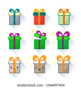Cute colored icons gift boxes open and closed, with shadows, some with faces 
