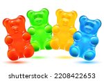 cute colored jelly bears on a white background. bright gummy animals candies. orange, yellow, blue and green candy . greeting card. isolated vector illustration.