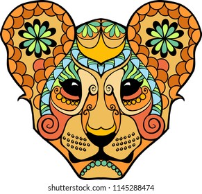 Cute colored lion in desert tones in yellow orange and turquoise with zentangle pattern