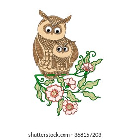 Cute colored mom owl with chick and with flowers. Vector illustration.