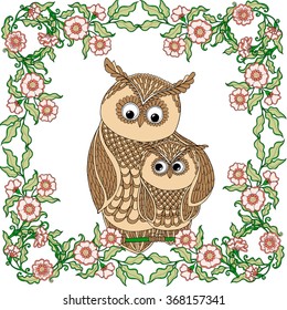 Cute colored mom owl with chick and with flowers. Vector illustration.