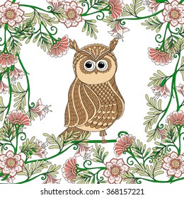 Cute colored owl with floral frame. Vector illustration.