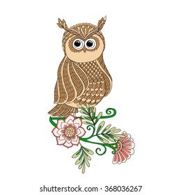 Cute colored owl with flowers. Vector illustration.