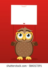 Cute colored owlet in glasses holding a blank poster Blank for your text or advertisement. Greeting card for the holiday. Vector illustration on a red background