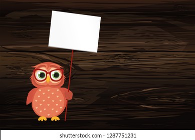 Cute colored owlet holding a blank poster Blenk for your text or advertisement. Greeting card for the holiday. Vector illustration on a wooden background.