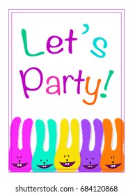 Cute colored rabbits cartoon illustration with text Let's party for kid's birthday invitation card, flyer design template. Vector