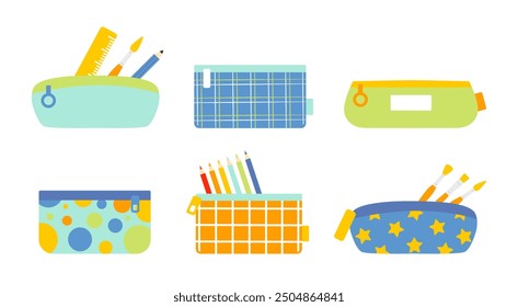 Cute colored school pencil cases set cartoon flat illustrations. Stationery, drawing supplies. Back to school. Isolated on white.