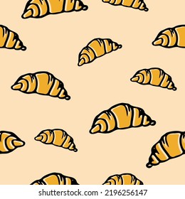 Patrón transparente de color liso con croissants en fondo rosado para el diseño de tejidos o papel de envoltura