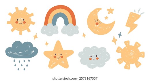 Cute colored sun, cloud, rainbow, moon, star, lightning bolt natural children crayon hand drawing isolated set. Funny scribble childish doodle morning, evening and weather icons vector illustration