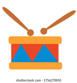 cute colored toy drum with sticks, flat, isolated object on a white background, vector illustration, eps