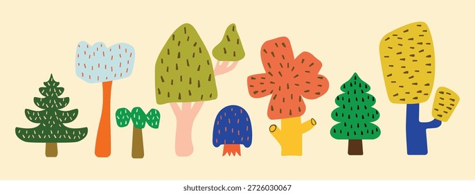 Árvores coloridas bonitas em um estilo simples de rabiscar. Uma árvore triangular primitiva de uma criança com um tronco. O desenho de uma árvore feito por uma criança ingênua. Vetor de uma planta florestal