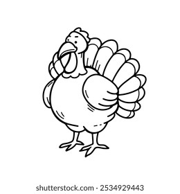 Cute colored turkey doodle. Happy Thanksgiving festive character. Bird for invitation, greeting cards. Vector hand drawn outline illustration.