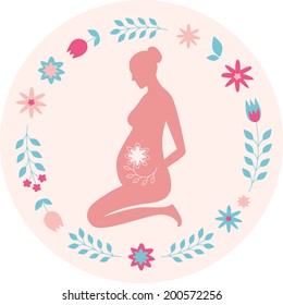 Cute colored vector illustration of silhouette of pregnant woman with floral decoration, concept of maternity