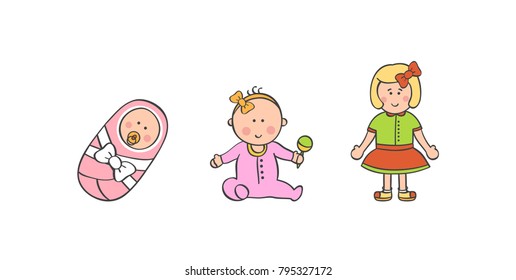 Cute colored vector illustration with three baby girl ages