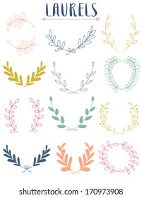 Cute Colored Vector Laurel Wreath Frames with Hand Drawn Leaf Branches