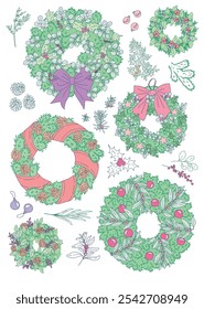 cute colored vector set of drawn christmas wreaths