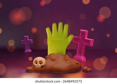 Uma cena de Halloween 3D bonito e colorido com uma mão zumbi verde brilhante levantando de um túmulo lamacento. Cercado por lápides rosa brincalhão, um crânio sorridente com grandes olhos descansa nas proximidades.