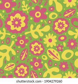Patrón de estilo de los años 60 lindo y colorido con flores gráficas, hojas y puntos sobre fondo verde. Impresión floral divertida y brillante, de estilo retro