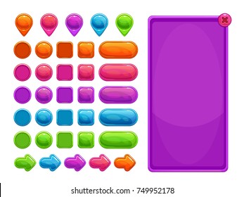 Cute colorful abstract assets for game or web design. Buttons, arrows, map pointers and panel bundle. Vector GUI items, isolated on white background.