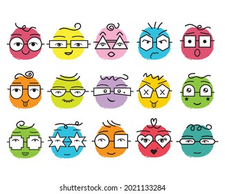 Cute colorful abstract emoticons faces with geometrical shapes eyeglasses and different emotions round icons set on white background