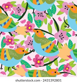 Cute colorful abstract floral and animal seamless pattern.