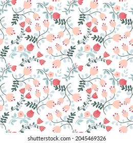 Cute colorful abstract floral seamless pattern. Pretty flowers on white background. Orange, pink, green colors over white. Great for home decor, fabric, wallpaper, stationery, design projects. Vector 