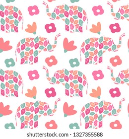 cute colorful abstract seamless vector pattern background illustration with leaves elephants and flowers