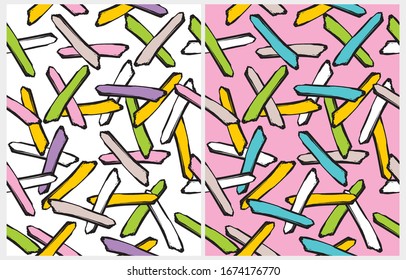 Patrones de vectores suaves y coloridos. Impresión geométrica simple. Bandas dibujadas a mano aisladas en fondo blanco y rosado. Impresión de vectores repetibles con líneas dibujadas a mano con línea de corte en negro.