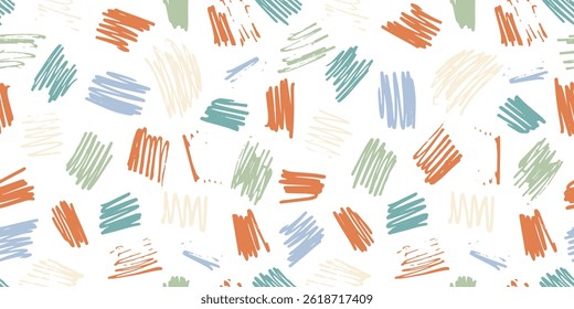 Cute colorful abstract vector textured hand drawn scribble lines square shape seamless pattern. Blue and orange colors squiggles print for kids textile design, wrapping paper, surface, background