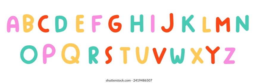 Cute colorful alphabet. Children education. Flat design. Hand drawn vector illustration on white background.